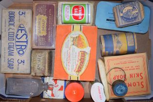 An collection of advertising cardboard boxes and tins to include pharmacitical brands, together with