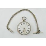 An antique silver open face pocket watch with subsidiary dial together with a white metal albert