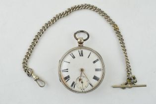 An antique silver open face pocket watch with subsidiary dial together with a white metal albert