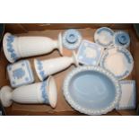 A collection of Wedgwood Queensware to include a veg bowl, trumpet vases, trinkets, a candlestick