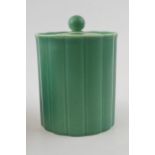 Wedgwood Keith Murray biscuit barrel / lidded jar in green. Height 15cm. In good condition with no