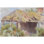 T. Murray Bernard Bladon (1864–1939): a watercolour of a thatched outbuilding with piled bricks,