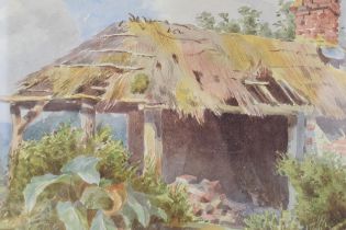 T. Murray Bernard Bladon (1864–1939): a watercolour of a thatched outbuilding with piled bricks,