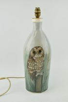 A large Stuart Bass pottery lampbase, decorated with an owl amongst long grass, 41cm tall exc