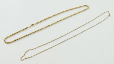 A pair of 9ct gold chains to include a rope effect chain and a finer chain, combined 7.4 grams,