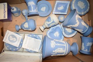 Wedgwood Jasperware in blue and white to include vases, trinkets, States Seals pin dishes and others