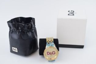 D&G Time gentleman's wristwatch, full set, box and papers. Quartz movement, diamonte dial. Gold tone
