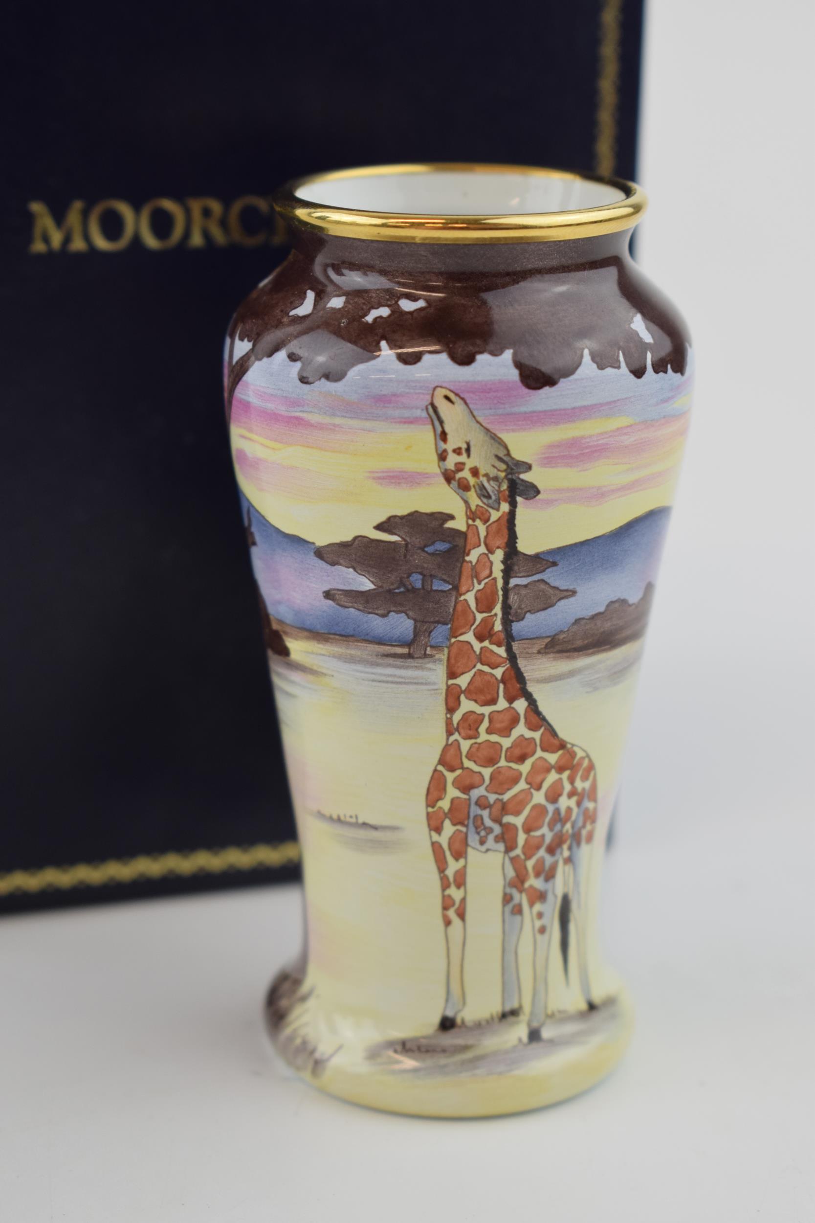 Boxed Moorcroft Enamel vase in the Samburu Giraffes pattern, by A Roberts, 9cm tall. In good