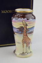 Boxed Moorcroft Enamel vase in the Samburu Giraffes pattern, by A Roberts, 9cm tall. In good