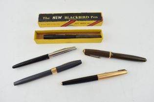 A collection of pens to include a boxed Blackbird pen 14k nib, a Sheaffer with 14k nib and a