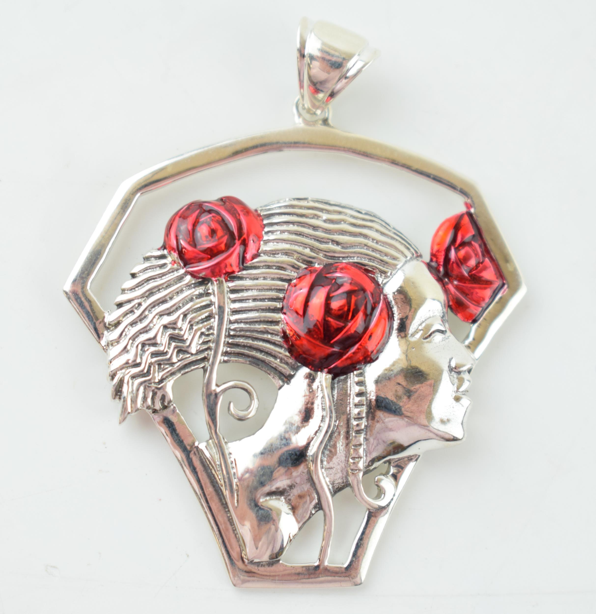 Contemporary sterling silver large pendant with enamelled red roses, with a lady's face, 9.8