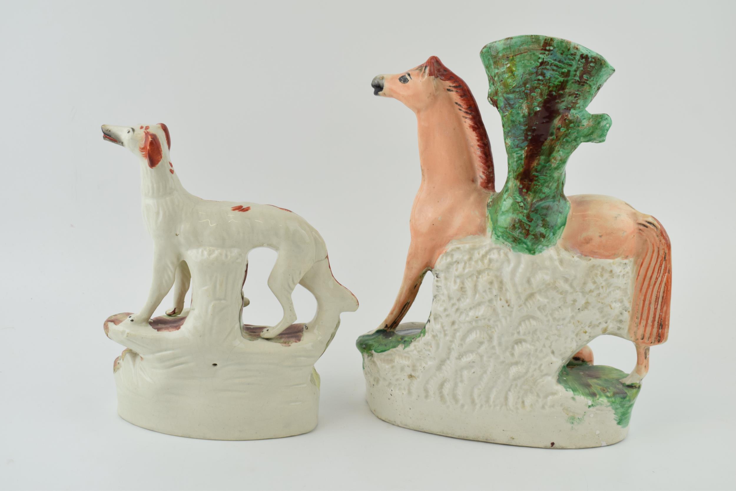 A Victorian Staffordshire Setter and Deer Figure and a Horse spill vase, tallest 30cm tall (2). - Image 4 of 6