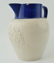 An early 19th century feldspathic porcelain large tavern scene jug with blue collar, c. 1810-20.