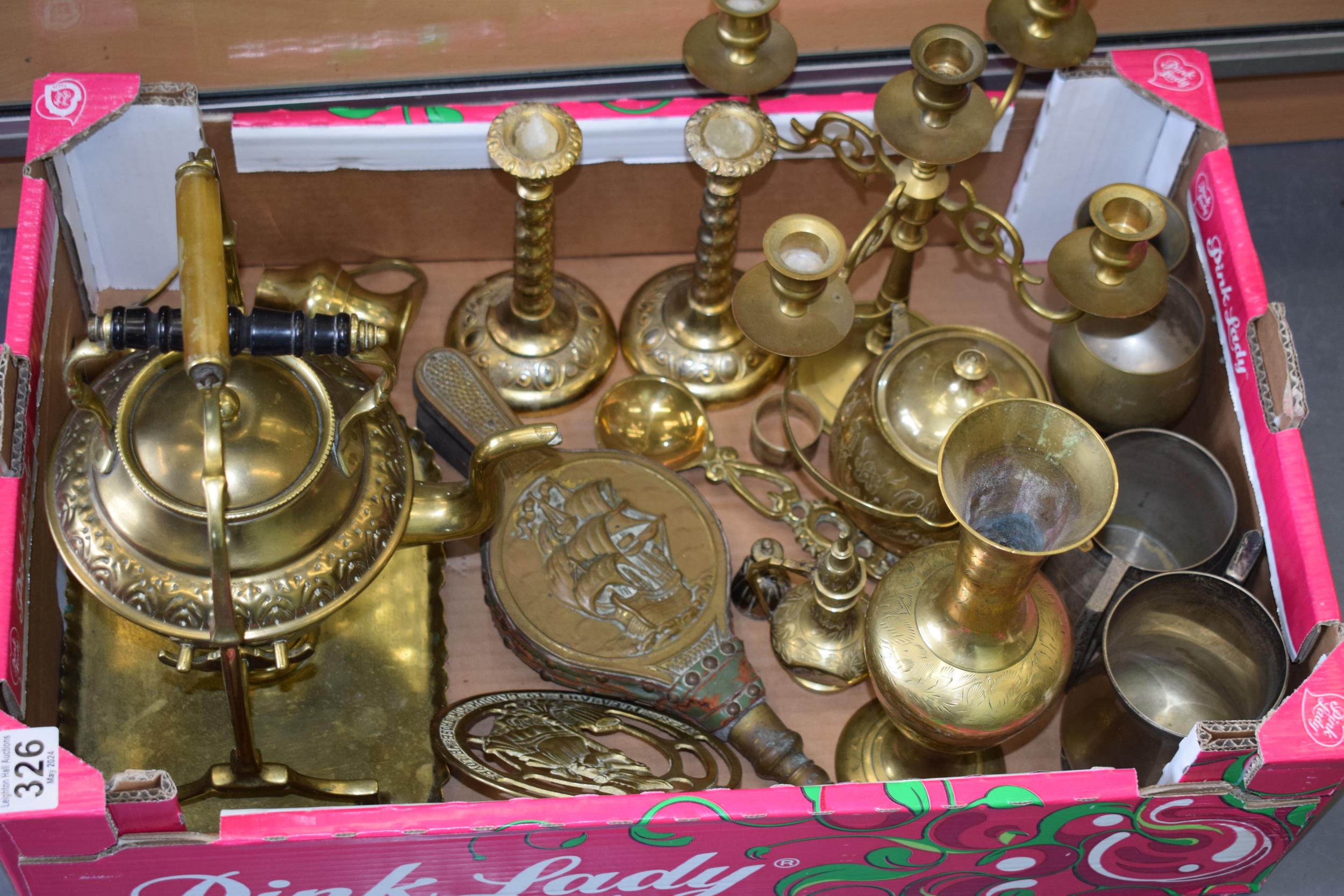 Metalware to include a brass spirit kettle, candlesticks, a candelabra and others (Qty). - Image 2 of 4