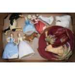 Pottery to include Doulton figures (some seconds), a Beswick early piebald pinto pony (af),