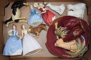 Pottery to include Doulton figures (some seconds), a Beswick early piebald pinto pony (af),