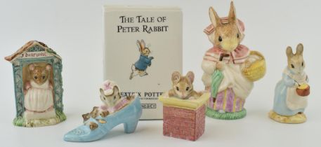 Royal Albert Beatrix Potter figures to include boxed Mrs Rabbit Cooking, Tom Thumb, The Old Woman