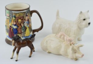 Beswick Westie Dog with a piggy back figure, a brown foal and a Beswick tankard (4). In good