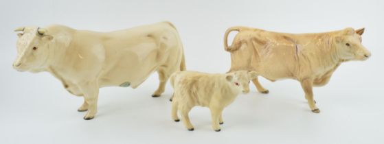 Beswick Charolais cattle to include the cow, bull (chip to horn) and calf (3). In good condition