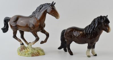 Beswick cantering mare 1374 in brown (tail af) with brown Shetland (2). Shetland is good, tail glued