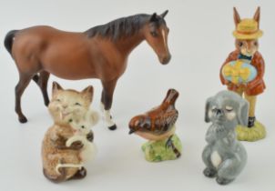 Beswick to include Dog Praying 2130, Laughing Cat and Mouse 2100, a bird, a matt brown horse and a