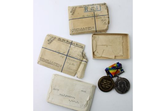 World War One pair of medals to PTE F MOULSON W YORK REGIMENT, with paperwork and envelope. - Image 1 of 2