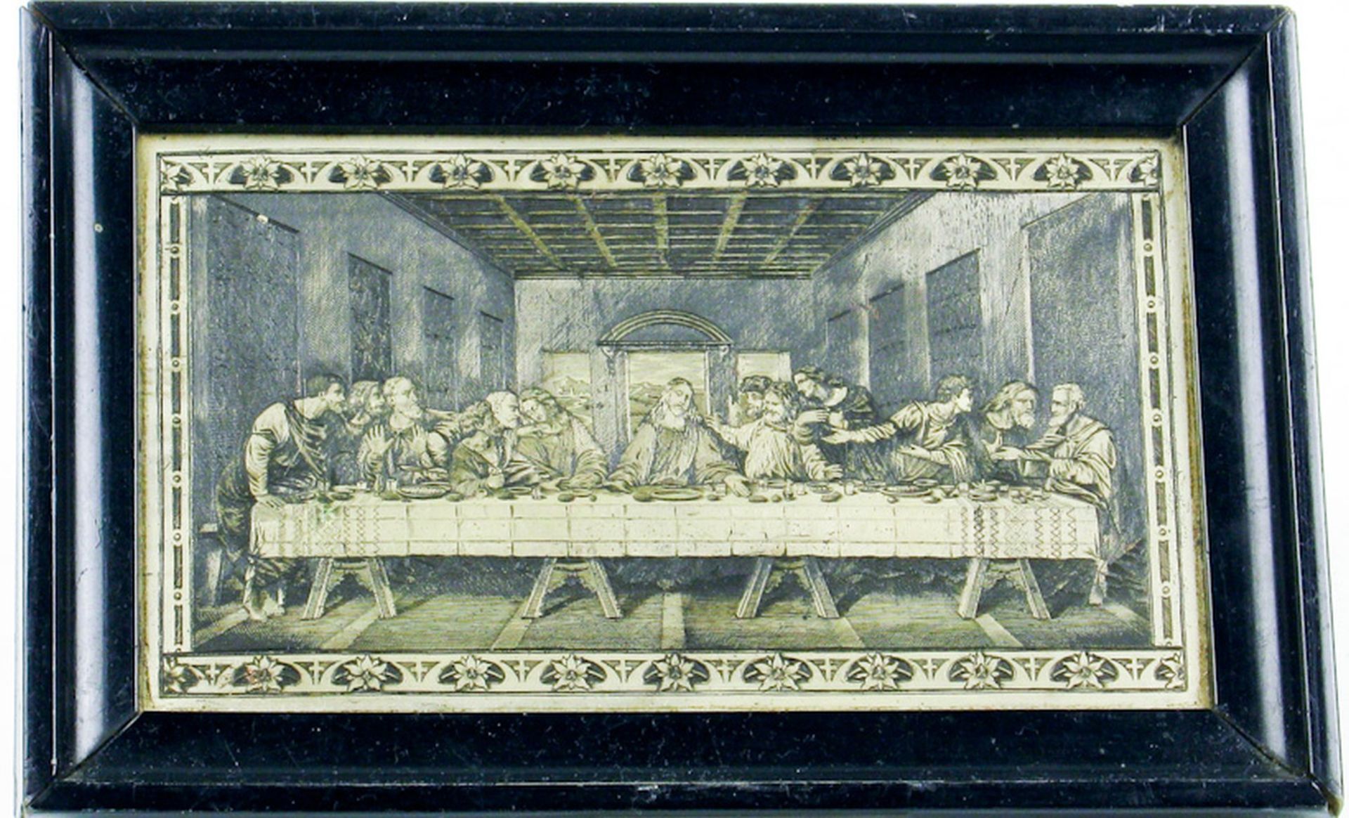 Das "Heilige Abendmahl" nach Leonardo da Vinci, als Druckplatte. Gravierte Weissmetallplatte, teils