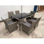 RRP Â£999 - NEW GREY SIX SEAT DINING SET WITH SIX CHAIRS - LUXURY BLACK GLASS TOPPED DINING TABLE