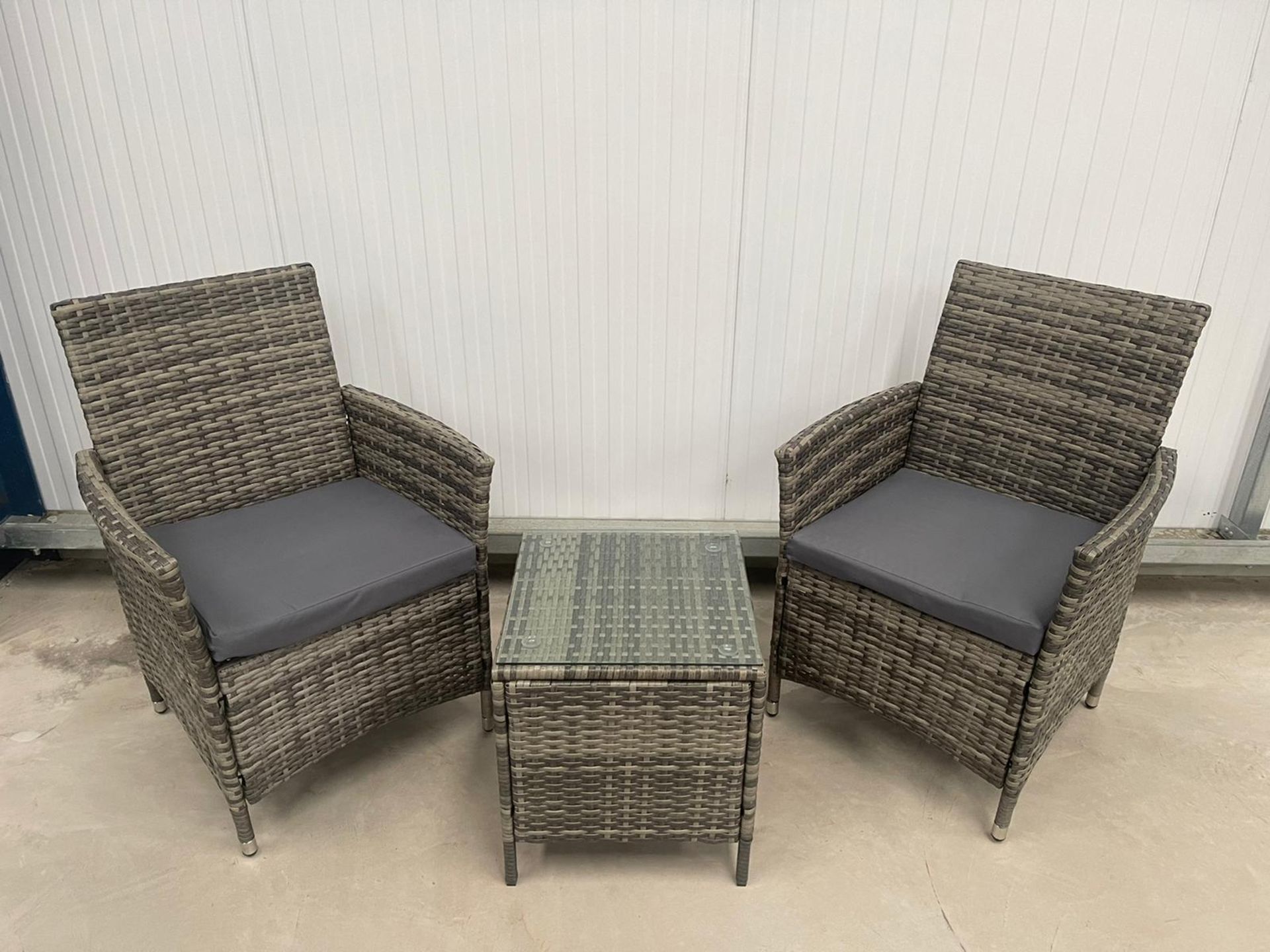 RRP Â£199 - NEW GREY BISTRO SET. TABLE 40 X 40 X 45CM, CHAIR 52 X 56 X 83CM