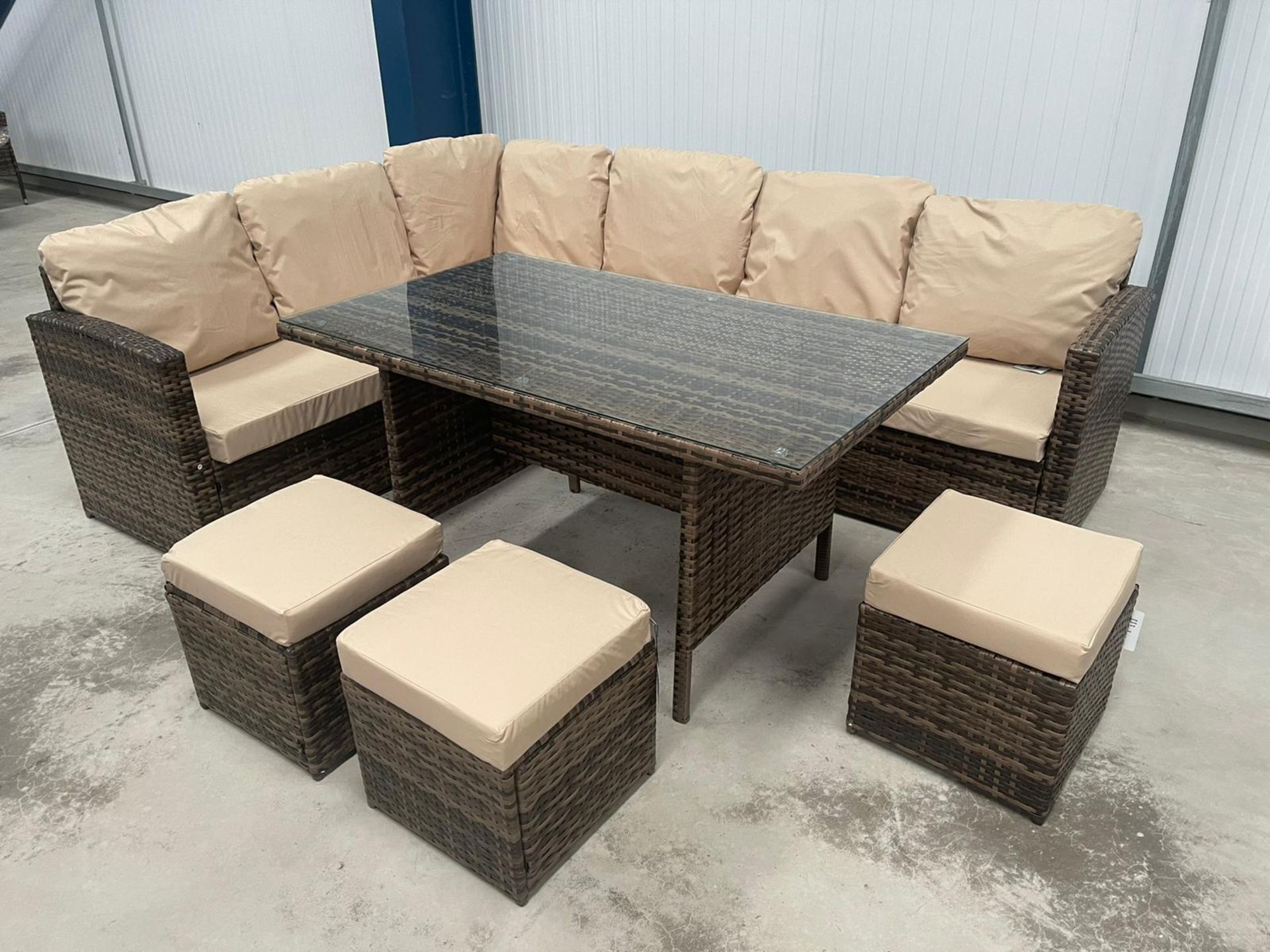 RRP £1299 - NEW BROWN 9 SEATER CORNER SOFA DINING SET WITH THREE STOOL AND GLASSED TOP TABLE. TABLE