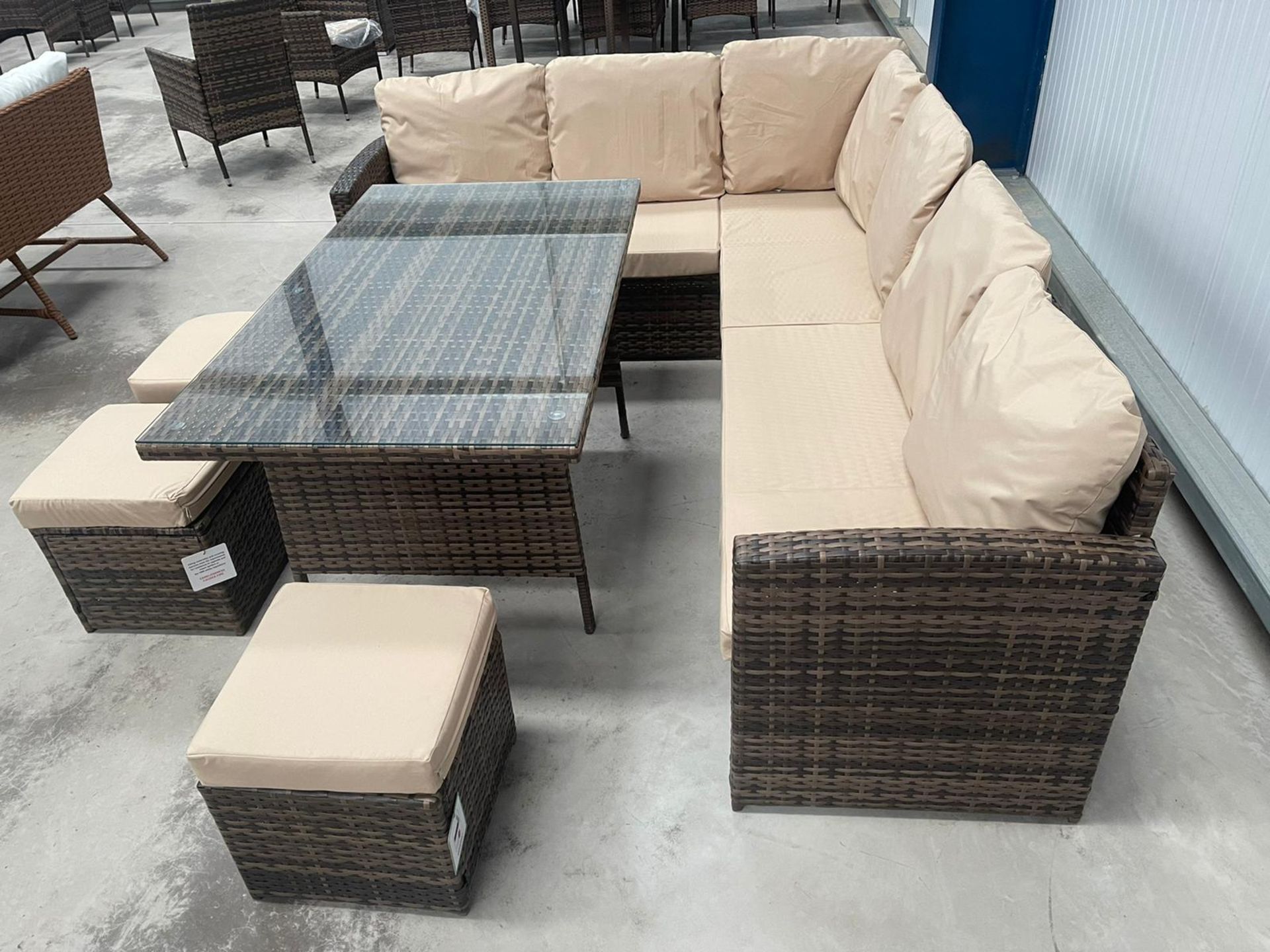 RRP £1299 - NEW BROWN 9 SEATER CORNER SOFA DINING SET WITH THREE STOOL AND GLASSED TOP TABLE. TABLE - Image 5 of 5