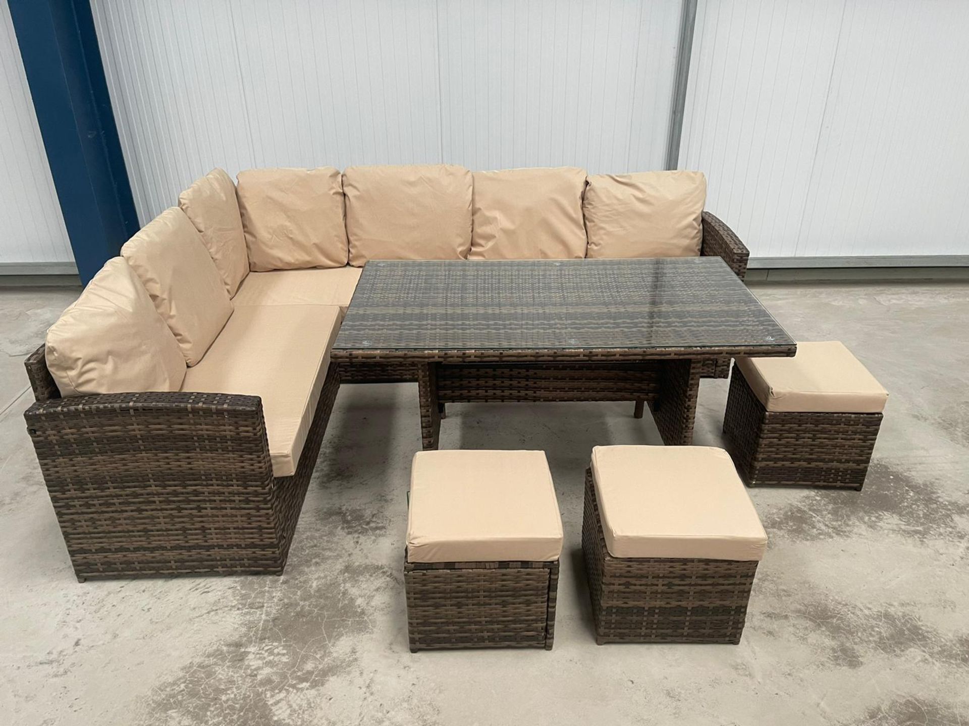 RRP £1299 - NEW BROWN 9 SEATER CORNER SOFA DINING SET WITH THREE STOOL AND GLASSED TOP TABLE. - Image 2 of 5