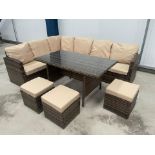 RRP £1299 - NEW BROWN 9 SEATER CORNER SOFA DINING SET WITH THREE STOOL AND GLASSED TOP TABLE.
