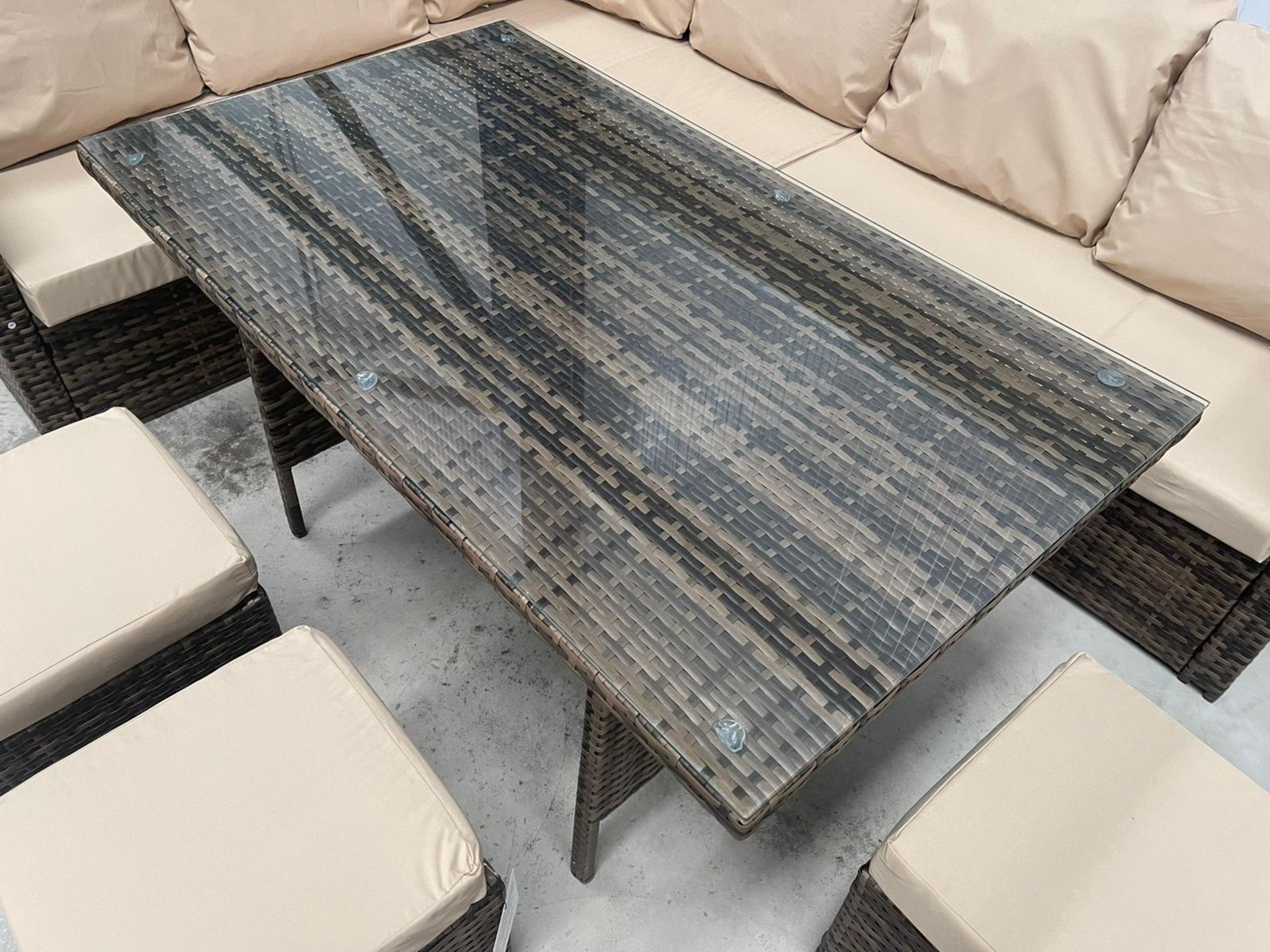RRP £1299 - NEW BROWN 9 SEATER CORNER SOFA DINING SET WITH THREE STOOL AND GLASSED TOP TABLE. - Image 3 of 5