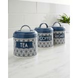 RRP £18 - NAVY Geo Set of 3 Kitchen Storage Tin-plate Tins Jars Canisters LR2418 01