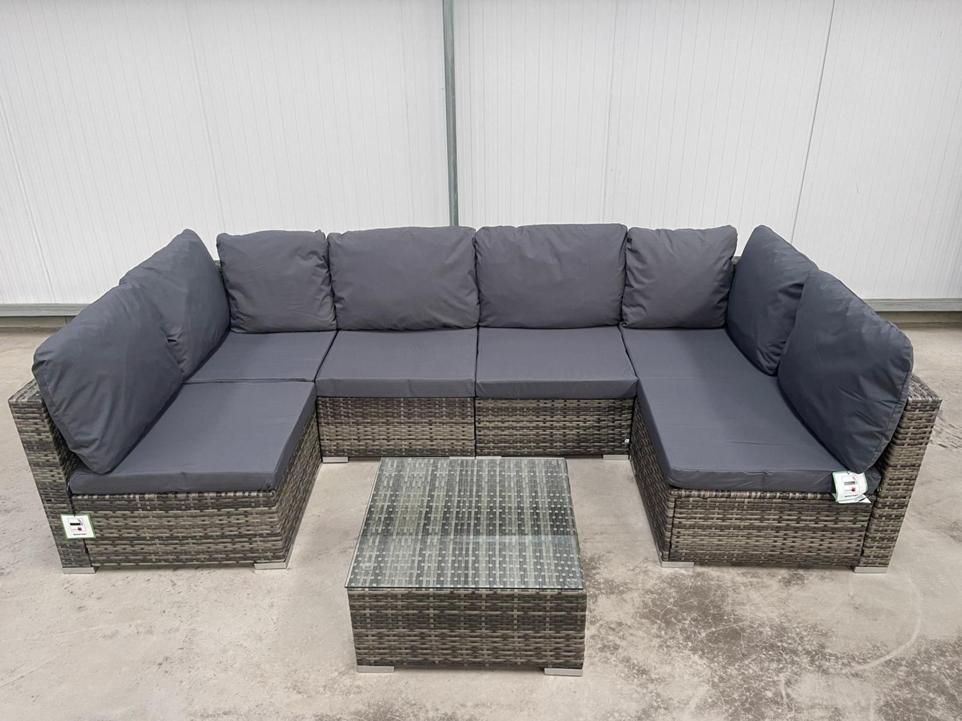 RRP £899 - NEW GREY U-SHAPED MODULAR SOFA WITH GLASS TOPPED COFFEE TABLE. VERY VERSITILE SET THAT