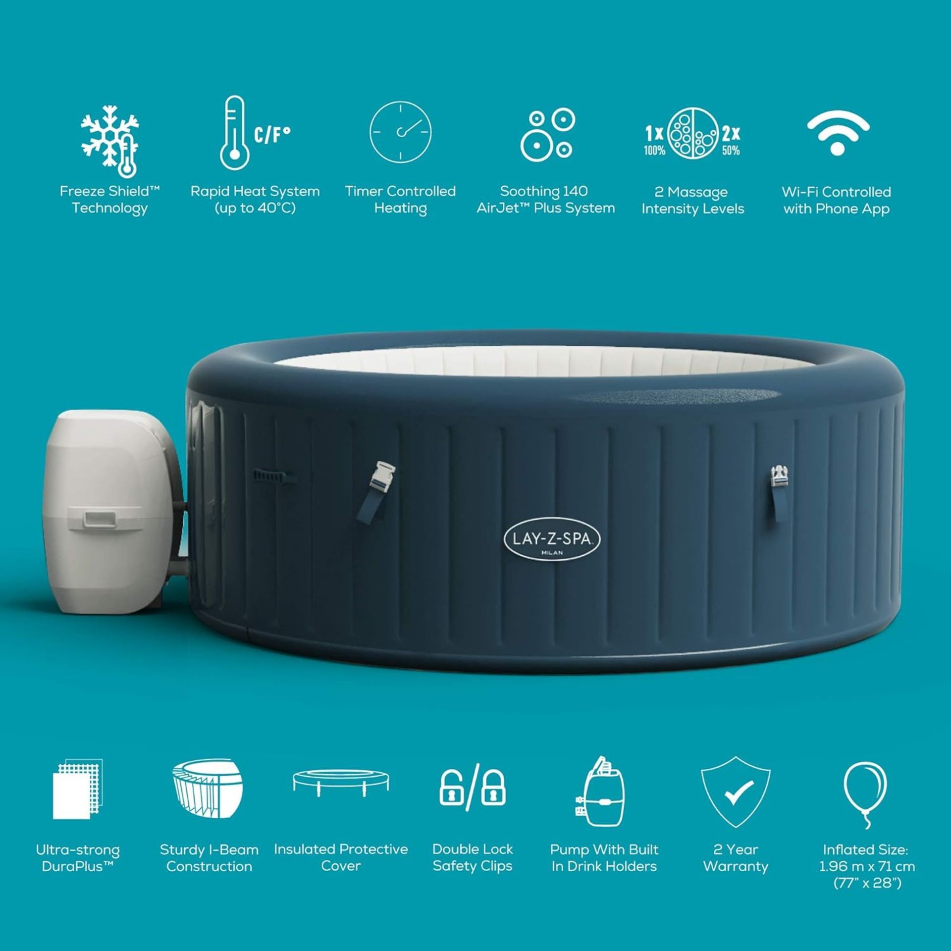 RRP £714.99 - Lay-Z-Spa 60029 Milan Airjet Plus Inflatable Hot Tub, 6 Person - 196L x 196W x 71H - Image 3 of 4
