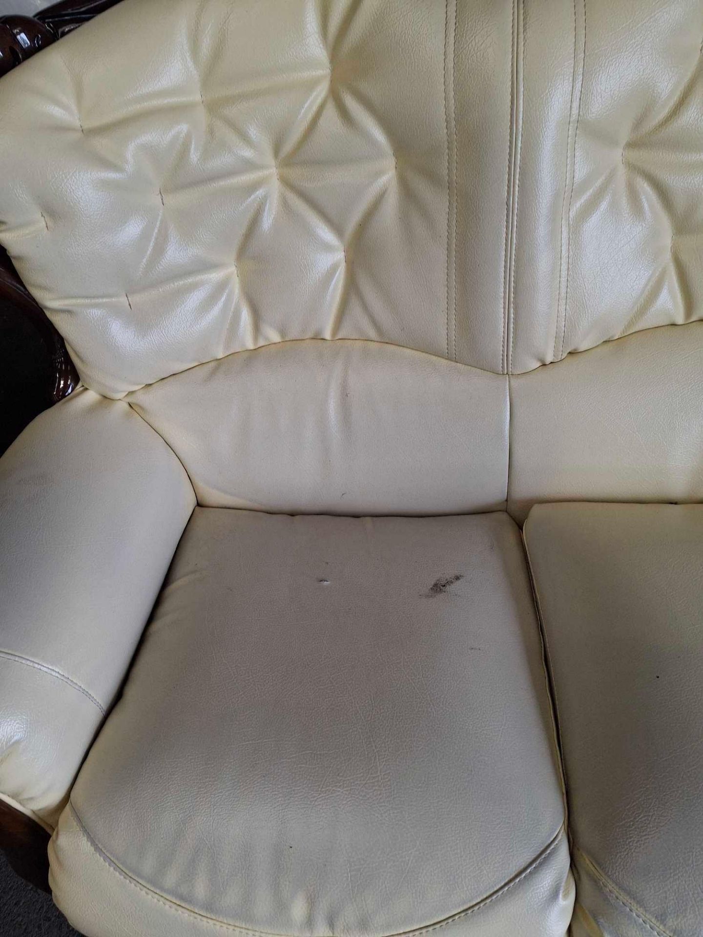 Cream Dodgson Faux Leather Sofa discoloured in places - Image 2 of 5