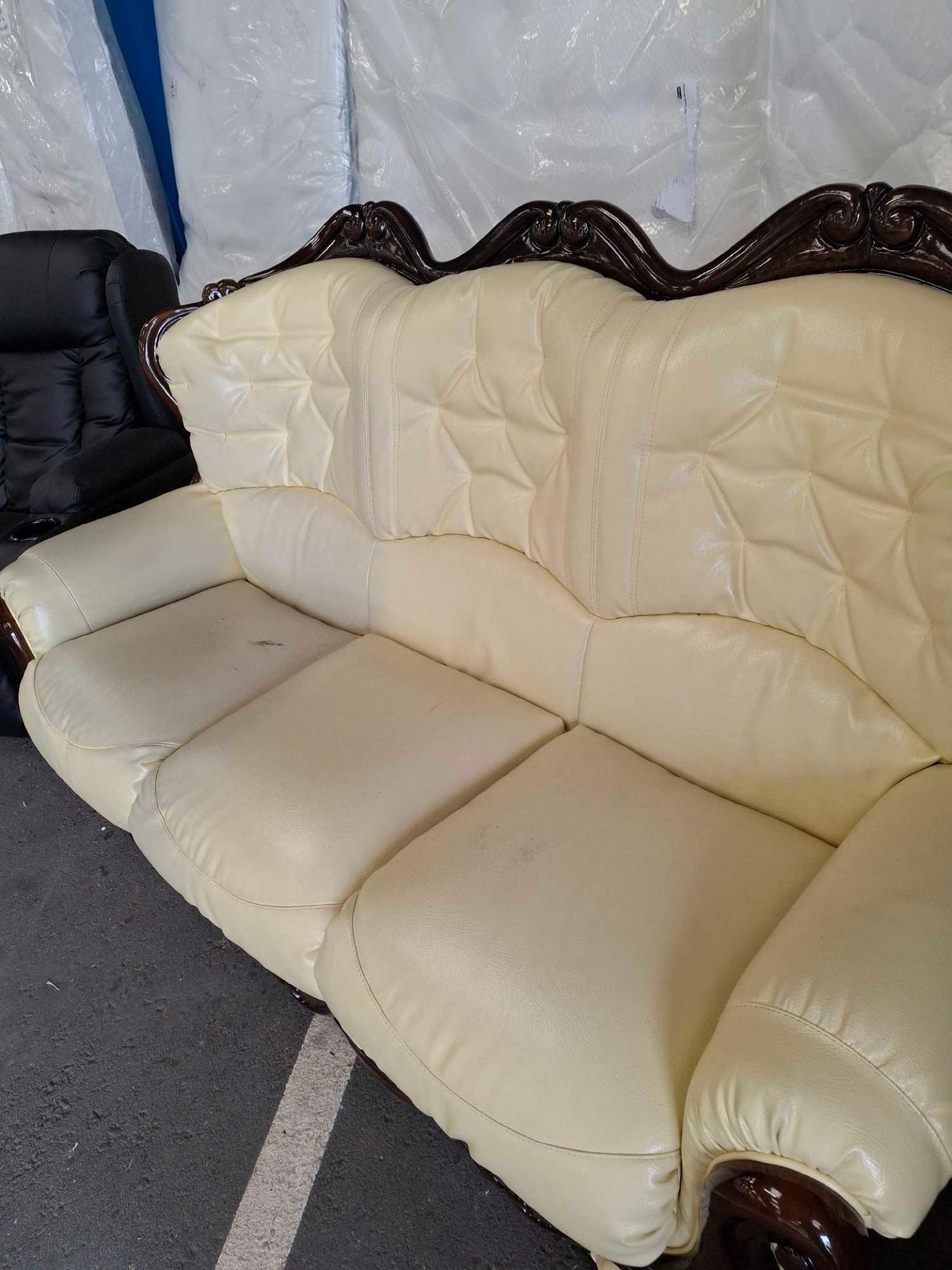 Cream Dodgson Faux Leather Sofa discoloured in places - Image 3 of 5