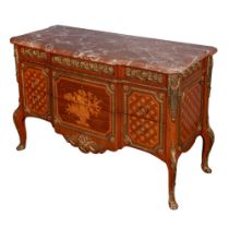 French Ormolu and Marquetry Marble Top Mahogany Commode