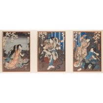 Utagawa Kunisada (Toyokuni III) (Japanese, 1786-1864) Kabuki Triptych Woodblock Prints