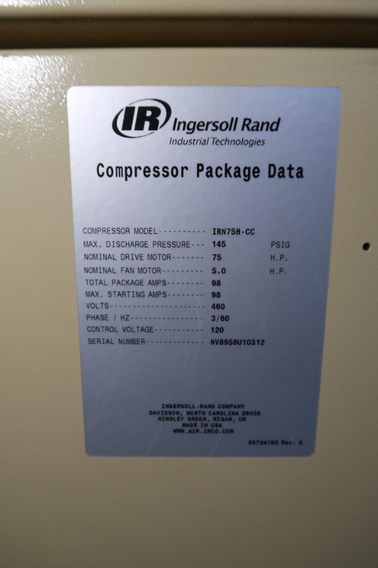 Ingersoll-Rand mdl. IRN75H-CC 75 HP Rotary Screw Compressor - Image 5 of 5