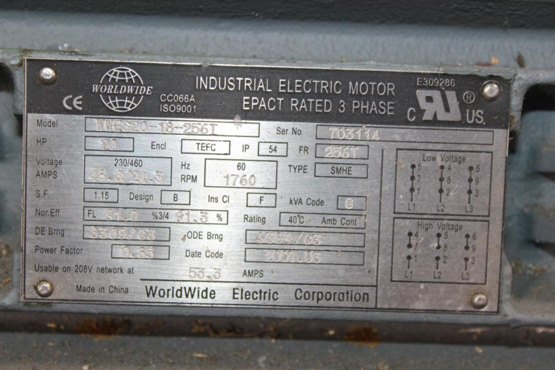 World Wide Electric Motor Model:WWES20-18-256T - Image 3 of 4