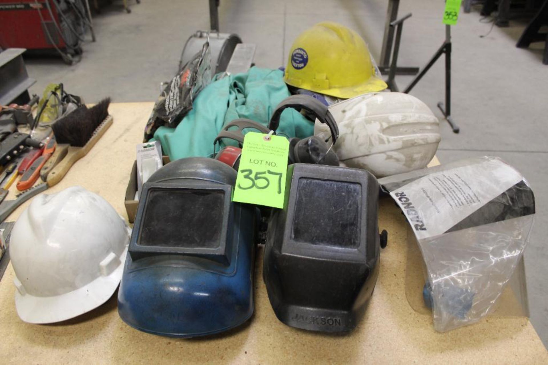 Lot of Assorted Welding Equipment to Include Welding Masks, Gloves, Jackets and Hardhats