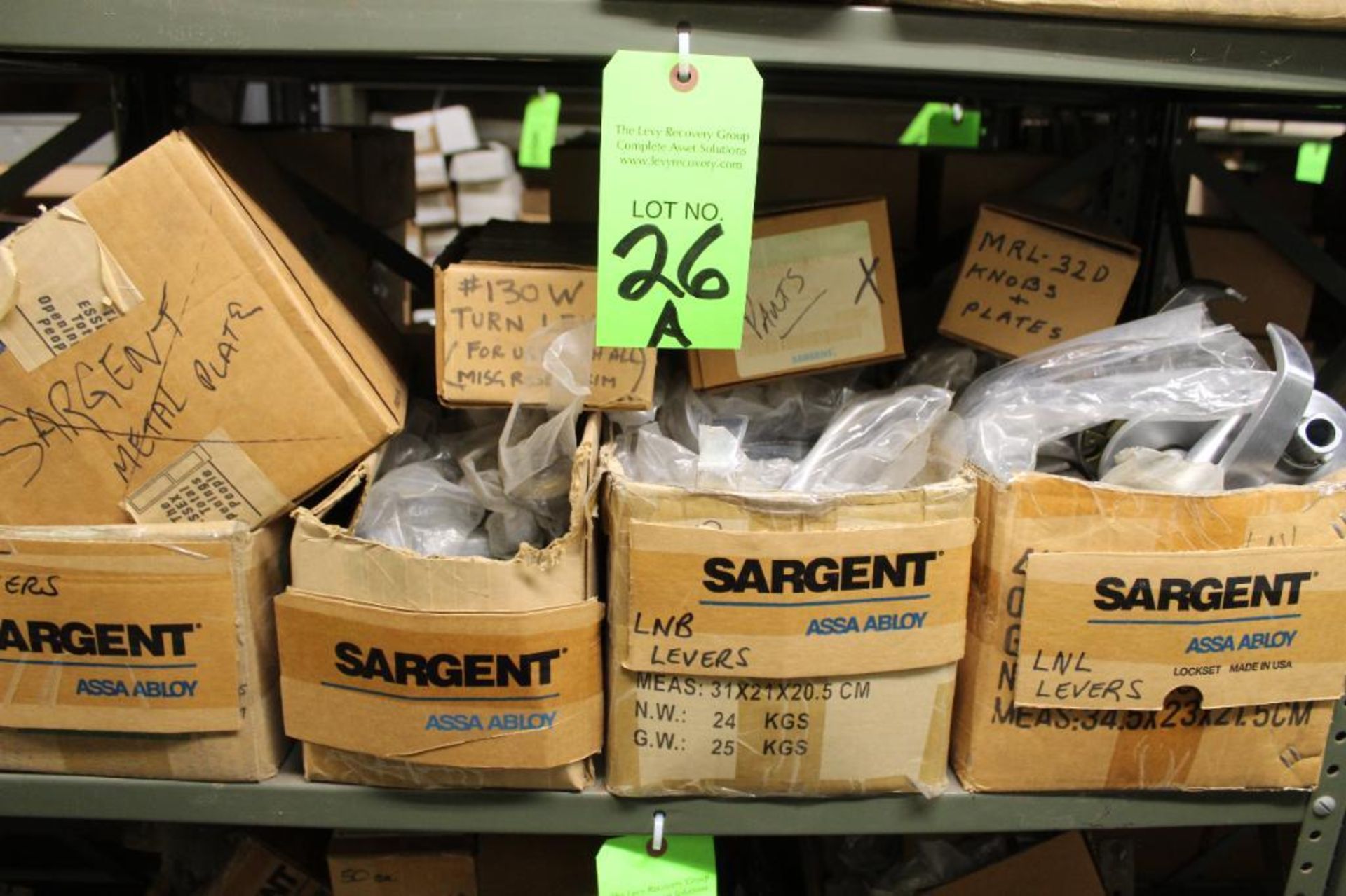 Includes Lot of (4) Boxes of Sargent Levers w/ Knobs and Plates and Assorted Hard and Hardware
