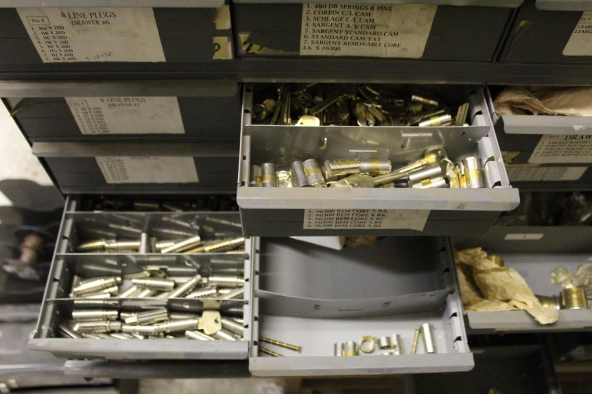 48-Drawer Organizer with Assorted Plugs, Cylinders, Mortise Cylinders, Cams and Shells. - Image 15 of 20