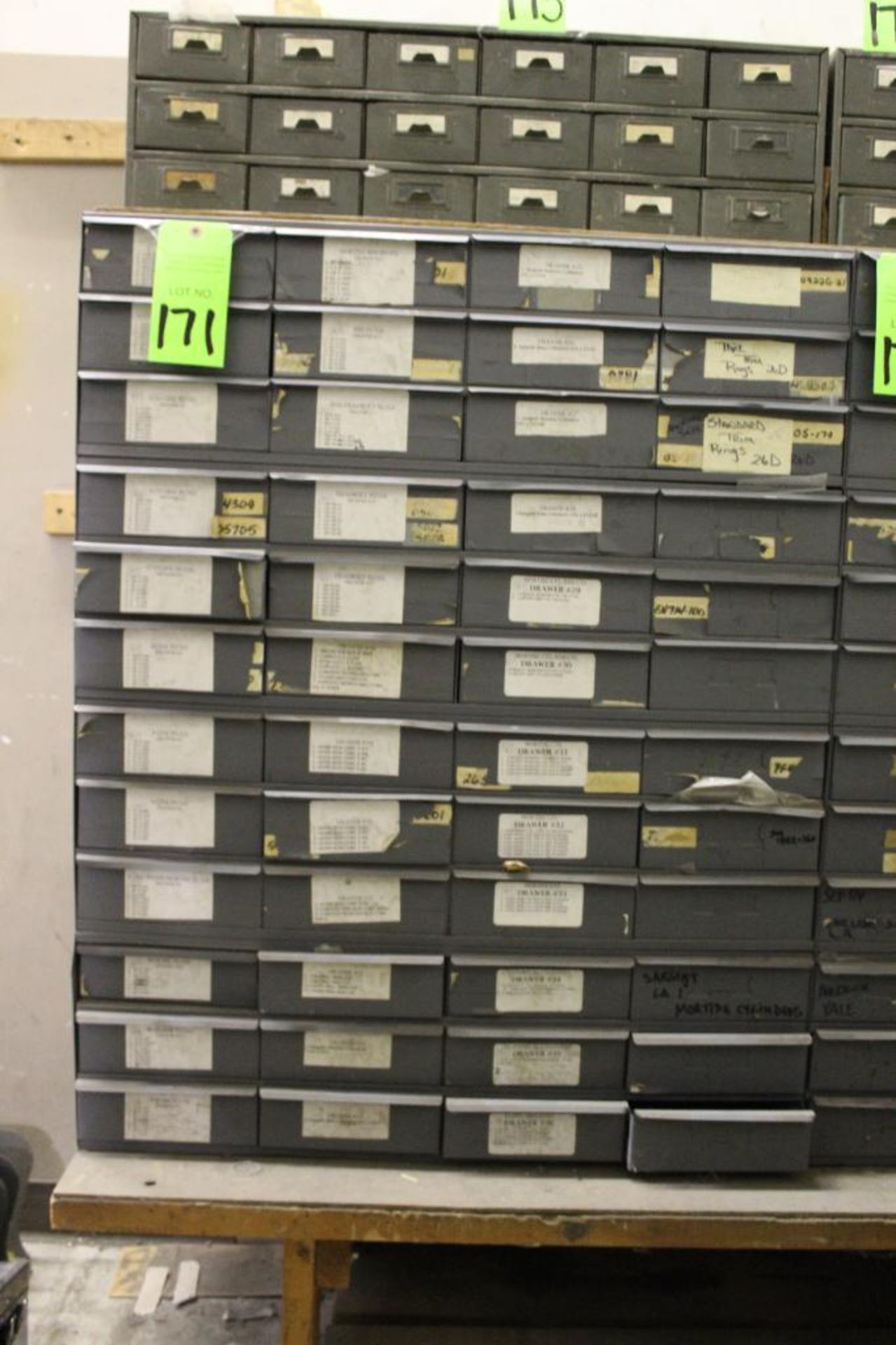 48-Drawer Organizer with Assorted Plugs, Cylinders, Mortise Cylinders, Cams and Shells.