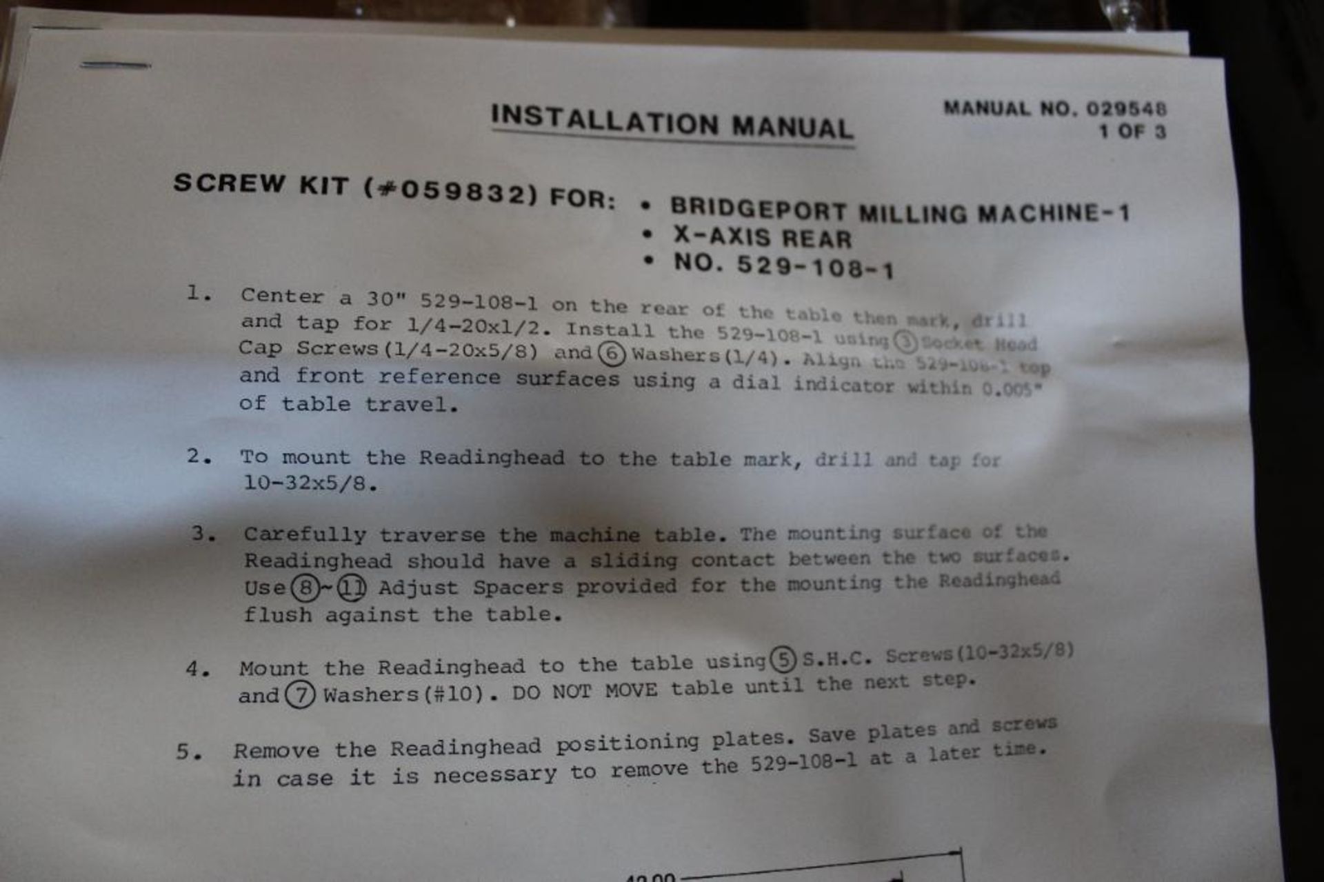 Mitutoyo Slim Spar MTG Screw Kit for Bridgeport Milling Machine MT85059823 - Image 4 of 5