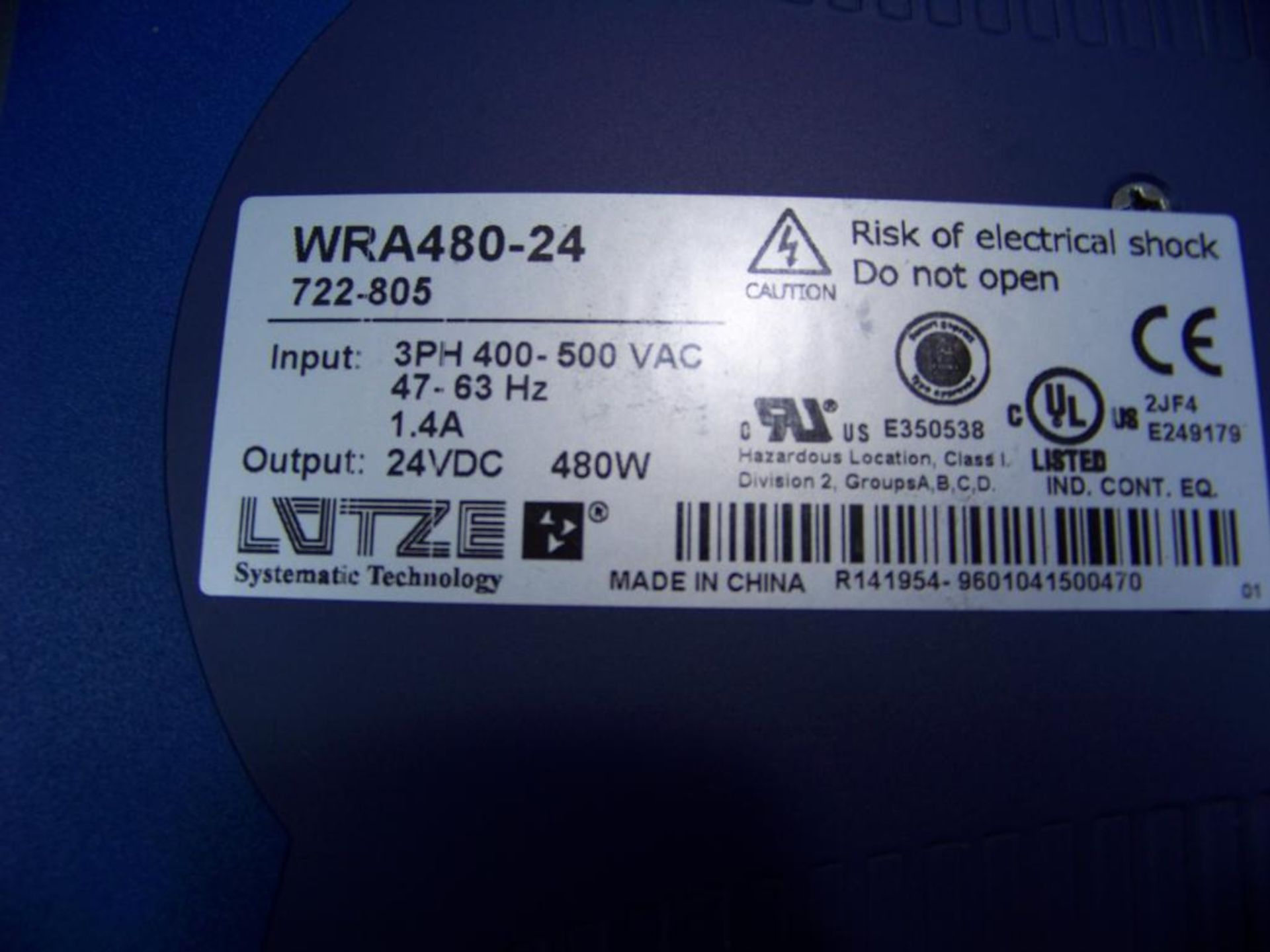 3 - LUTZE POWER SUPPLIES, 24 VDC OUTPUT, # WRA480-24 - Image 2 of 3