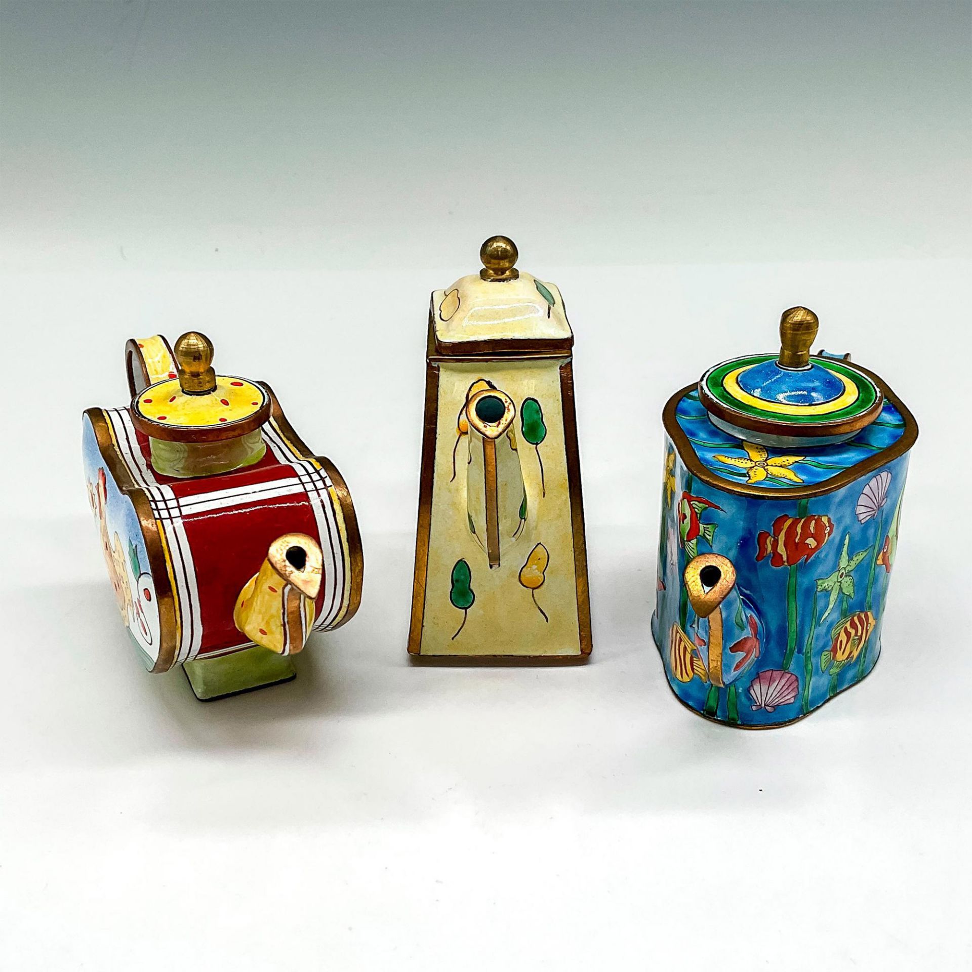 3pc Vintage Kevin Chen Enamel Miniature Teapots - Bild 2 aus 3